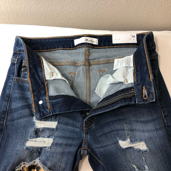 KanCan Stretchy Mid Rise Distress Ripped Leopard Patch Ankle Skinny Blue Jean 28 - Picture 9 of 15